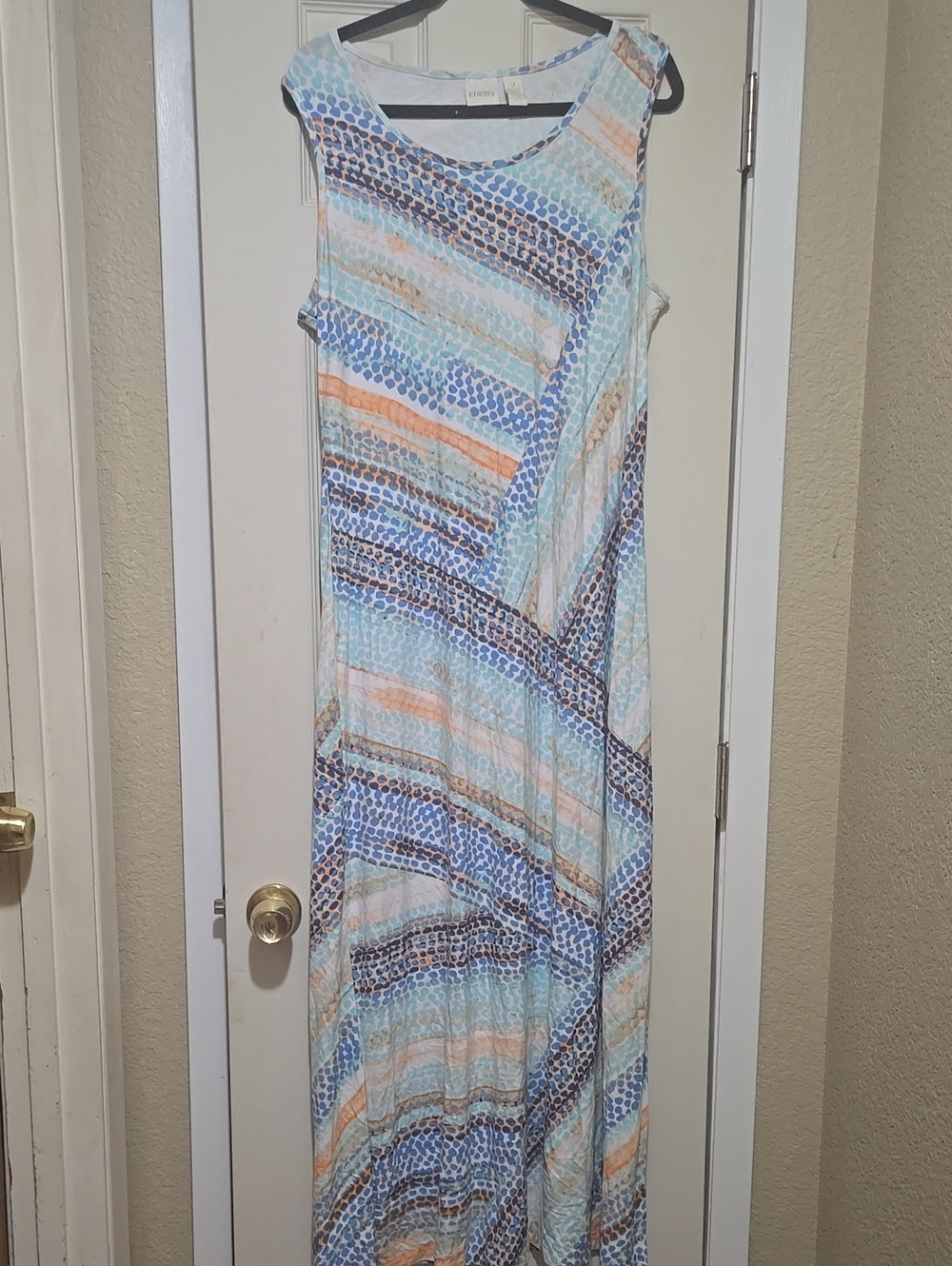 Chico's Sleeveless Maxi Dress in Blue, Peach & Cream